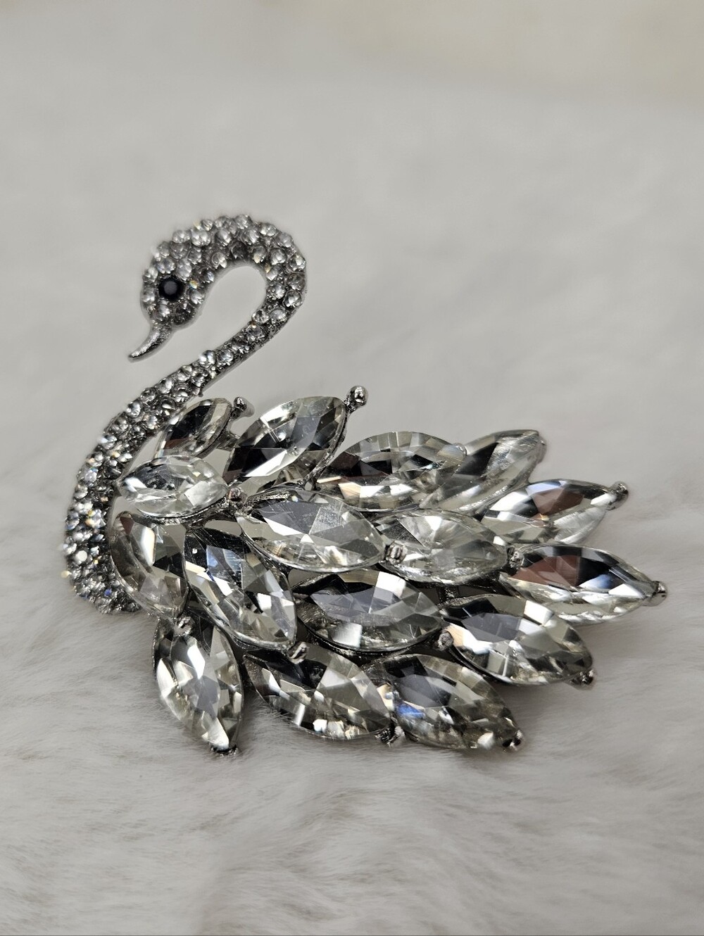 Silver Crystal Swan Brooch Pin